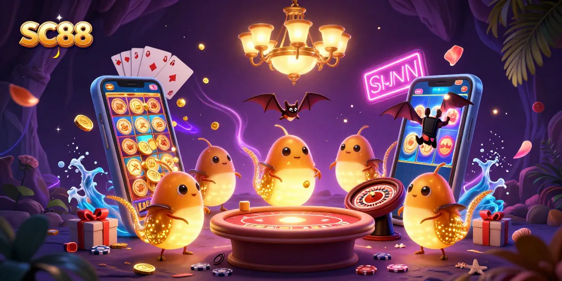 Engage with SC88's captivating 3D gambling scene featuring vibrant glowworms illuminating a cave casino environment.