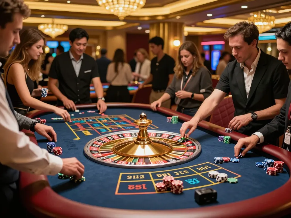 Sky88 players betting at an exciting roulette table in a lavish casino setting.