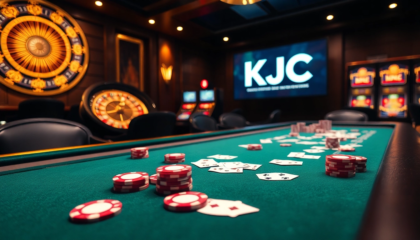KJC poker game showcasing vibrant chips and cards in a professional casino atmosphere.