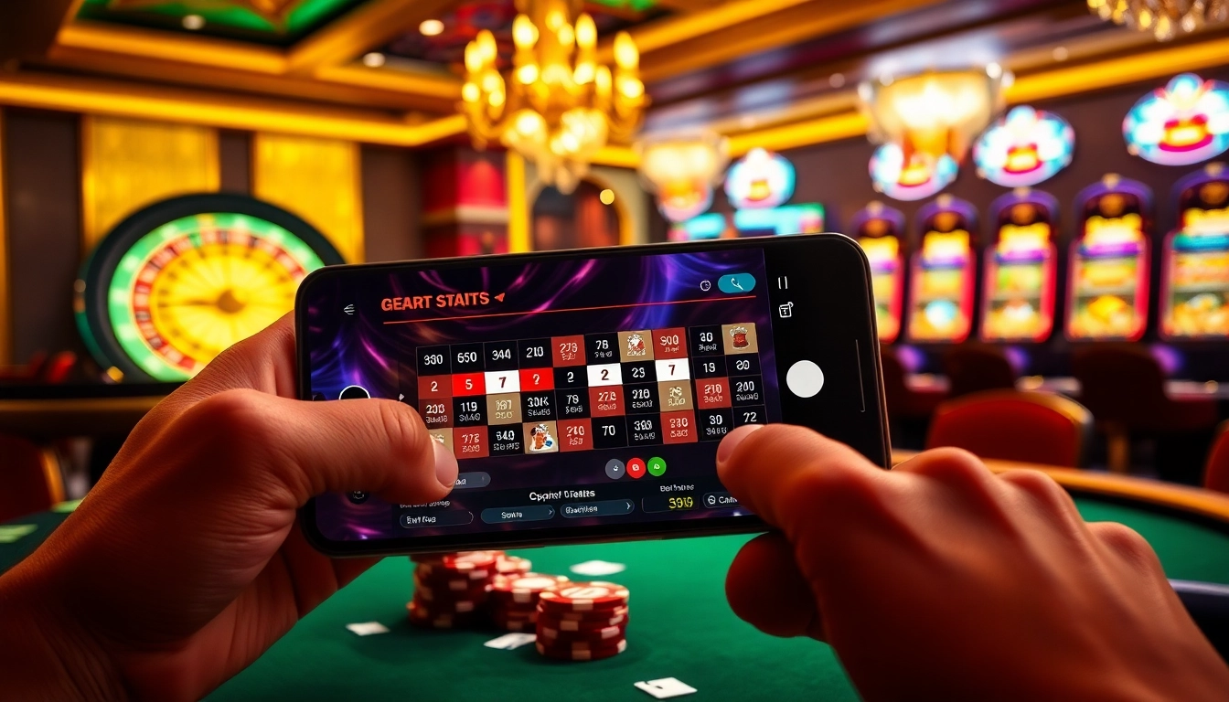 Engage with the app hdbet while betting at a luxurious casino featuring vibrant poker tables and modern interfaces.