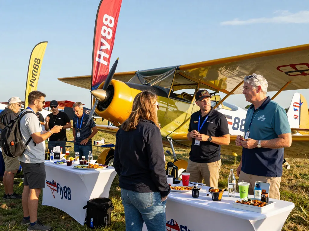 Diverse aviation enthusiasts enjoying the Fly88 outdoor event with a classic airplane backdrop.