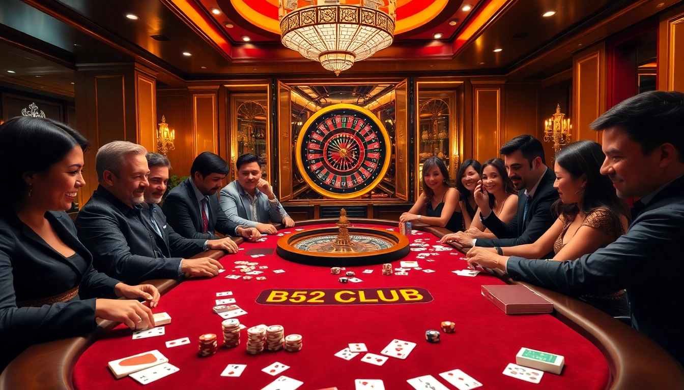 B52 CLUB gaming table with excited players and vibrant atmosphere in luxury casino.
