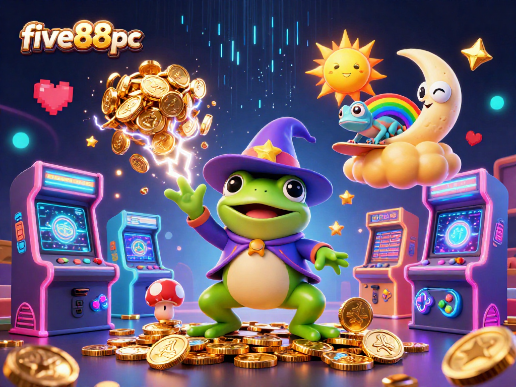 Experience the thrilling excitement of gaming with five88pc, featuring vibrant colors and dynamic characters in a magical casino atmosphere.