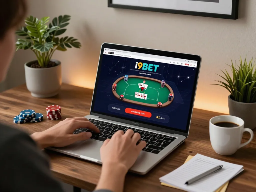 I9BET user enjoying an online poker game in a stylish home setting for comfortable play.
