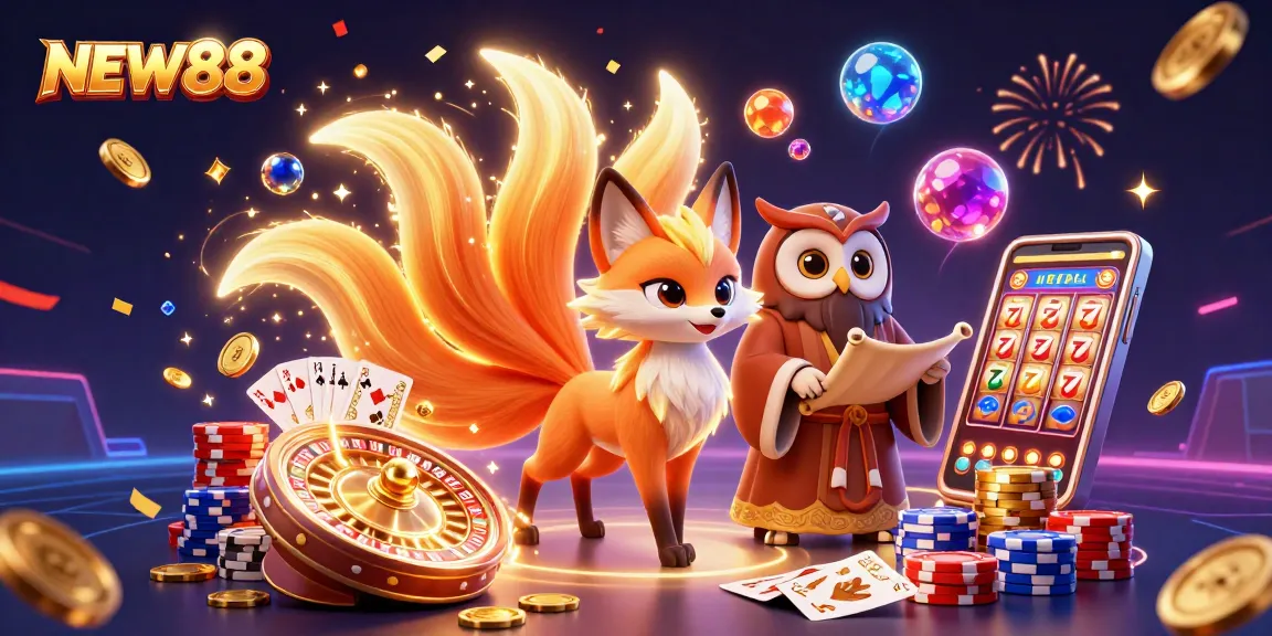 Experience the thrill of NEW88 with vibrant 3D characters and dynamic casino elements in this illustration.