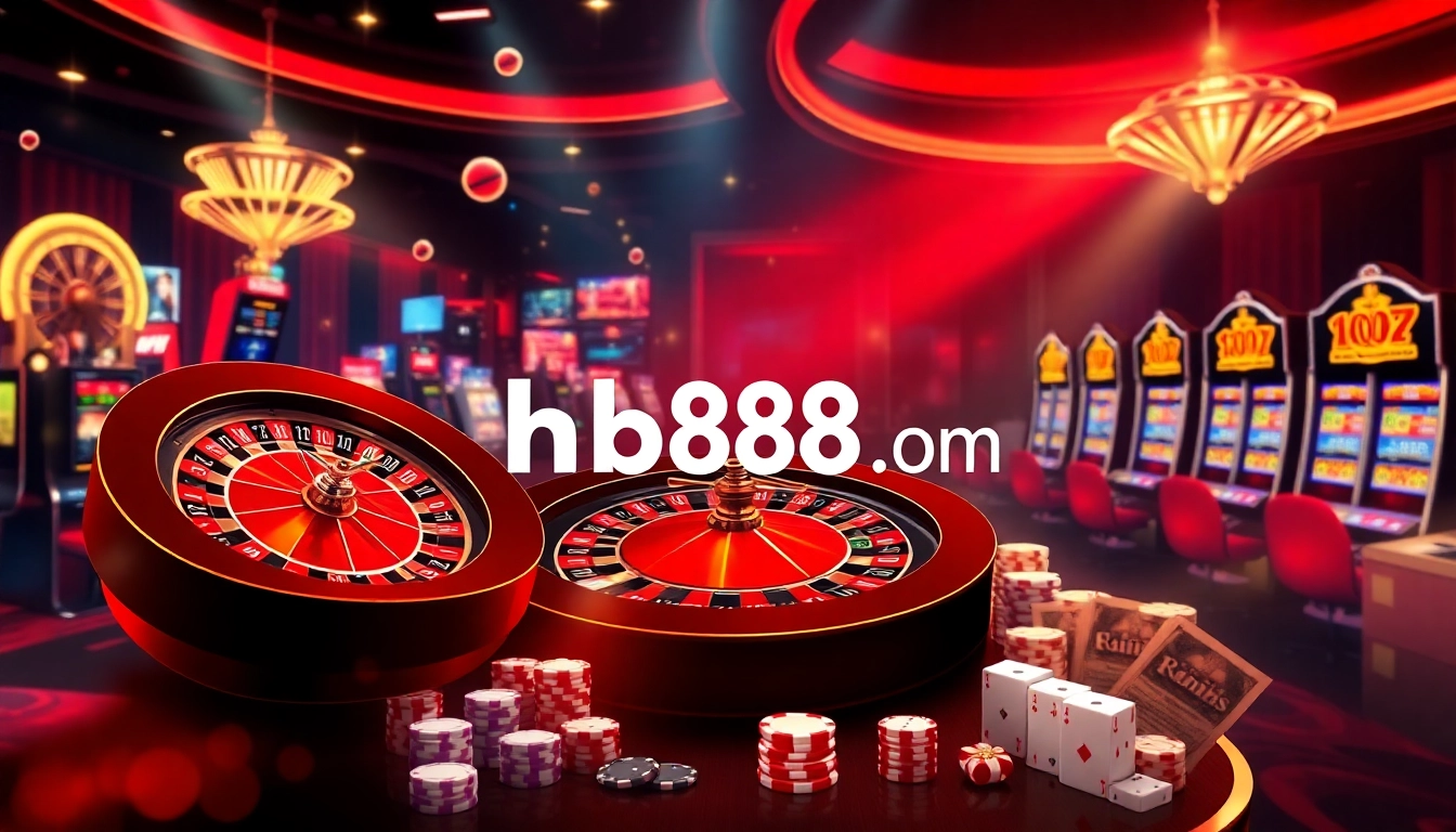 Experience the excitement of hb88 com with a luxurious casino gaming scene showcasing roulette and poker elements.