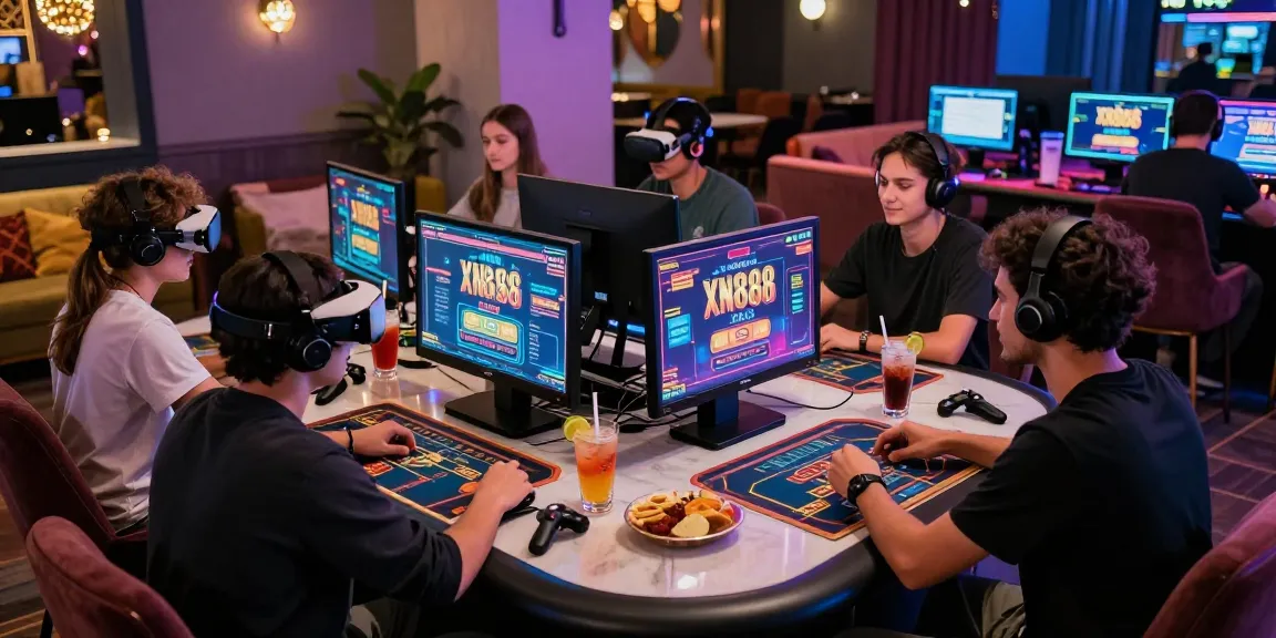 Friends enjoying an exciting session of XN888 online games in a vibrant casino atmosphere.