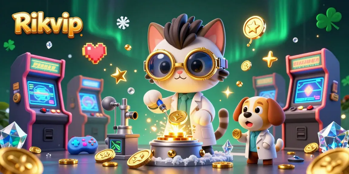 Engage with Rikvip's thrilling casino atmosphere filled with vibrant gaming elements and characters.