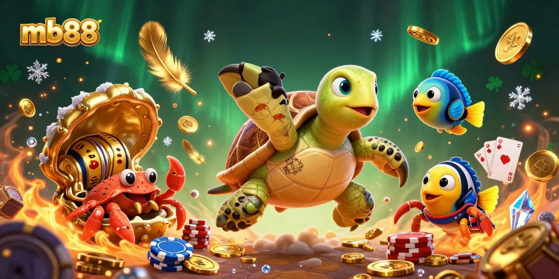 Join the adventure with mb88, featuring a cartoon pirate turtle amid thrilling casino elements.