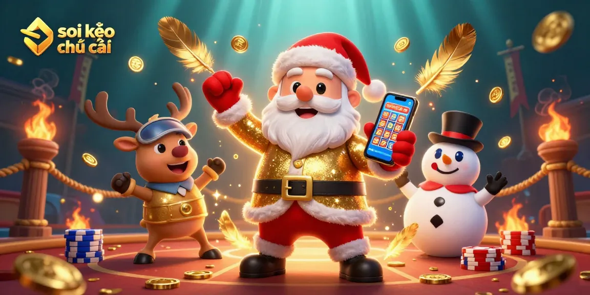 Experience thrilling sports betting with soi kèo nhà cái as Santa and friends celebrate over jackpot slots and casino fun.