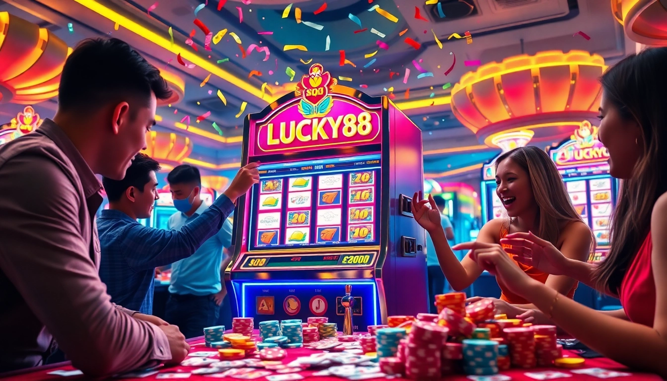 Engaging players at the LUCKY88 slot machine in a vibrant casino scene filled with excitement.