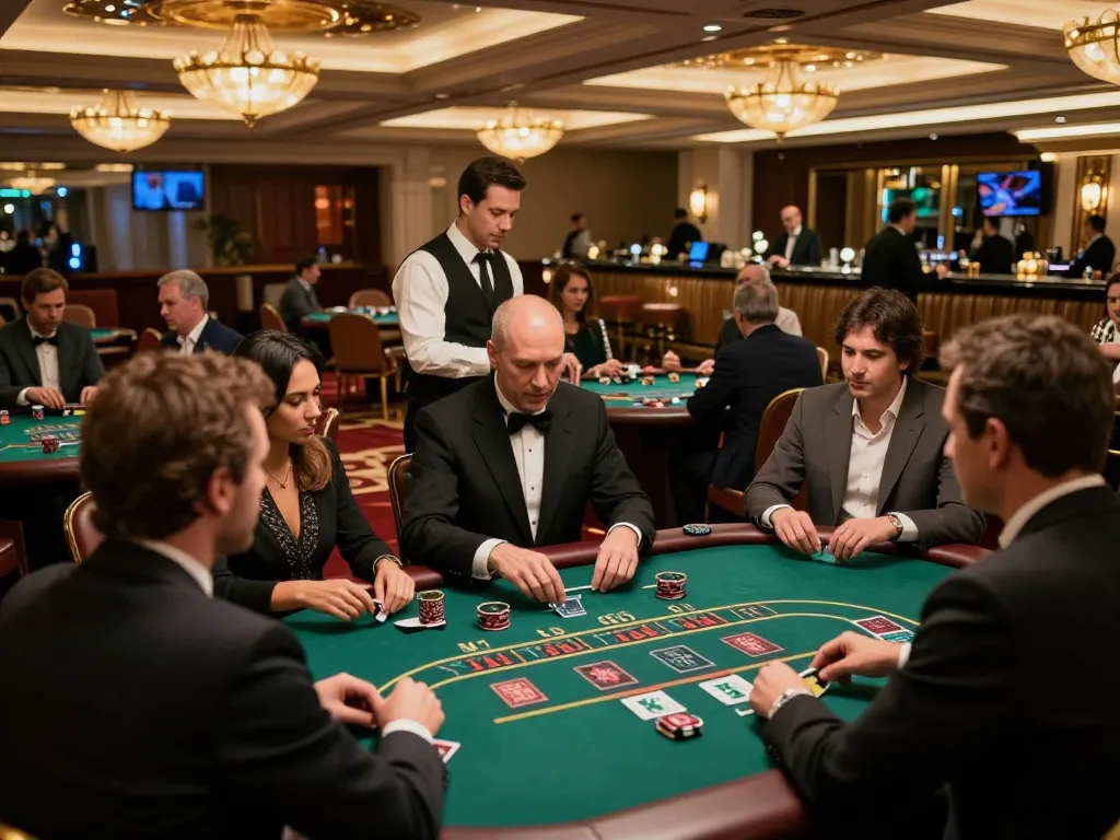 Players strategizing their bets at blackjack tables on https://rr88co.net/ in a vibrant upscale casino atmosphere.