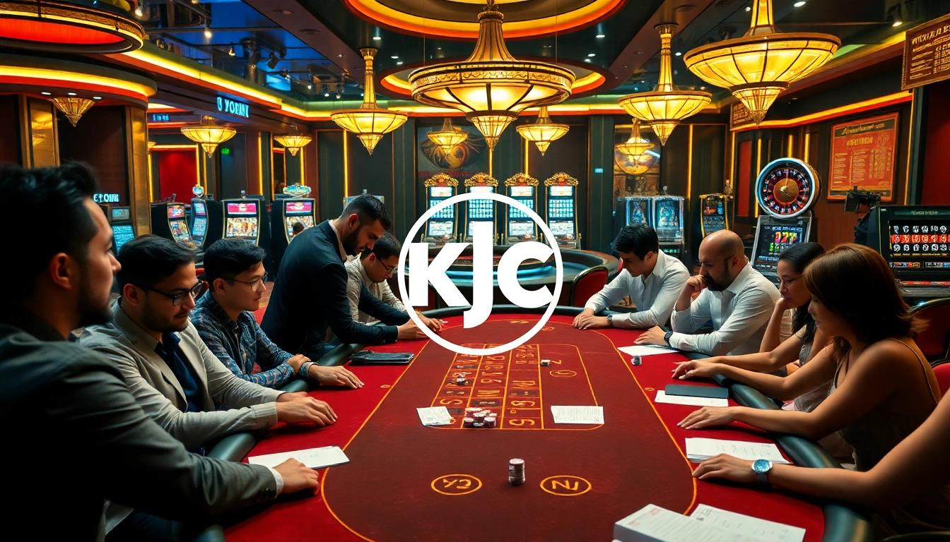 KJC players strategize at a high-stakes poker table in a luxurious casino atmosphere.