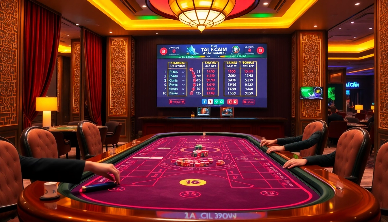 Tài xỉu gaming scene with players betting on a luxurious table featuring vibrant chips and warm lighting.