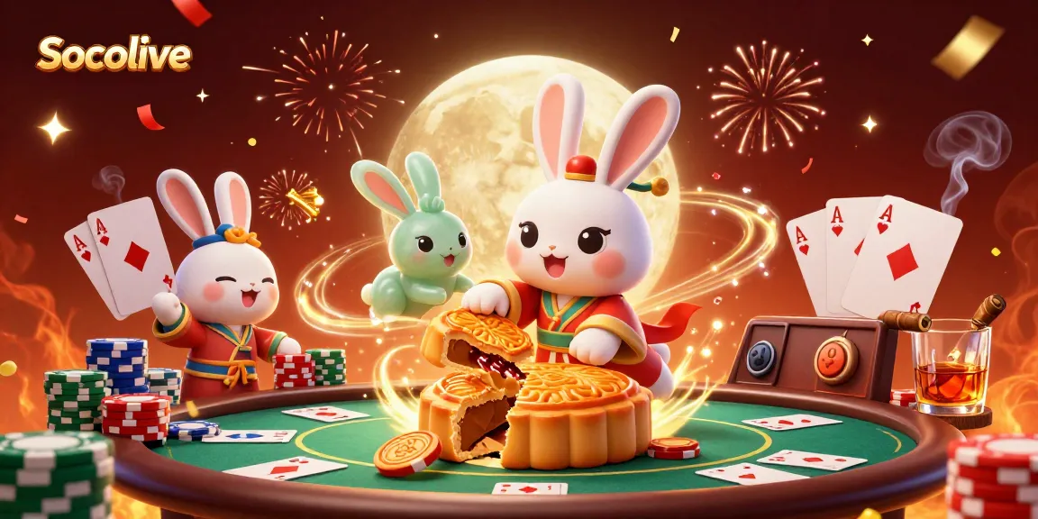Socolive showcases an energetic scene with a moon rabbit and poker elements delivering thrilling online casino excitement.