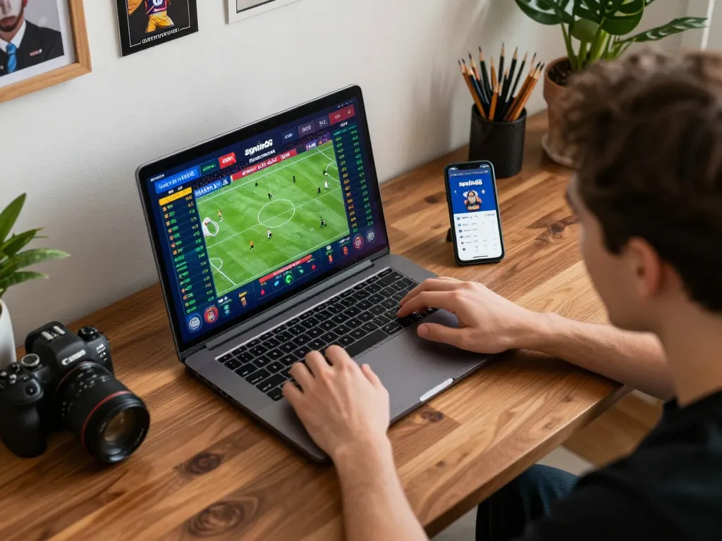 Engaged user betting on sgwin66 sports app in a stylish home office setting