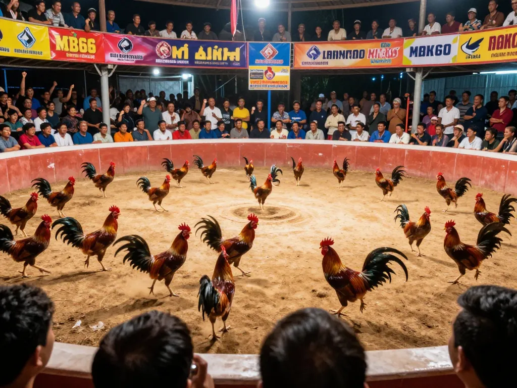 Exciting đá gà mb66 live match with skilled roosters battling, showcasing dynamic action and cheering audience.