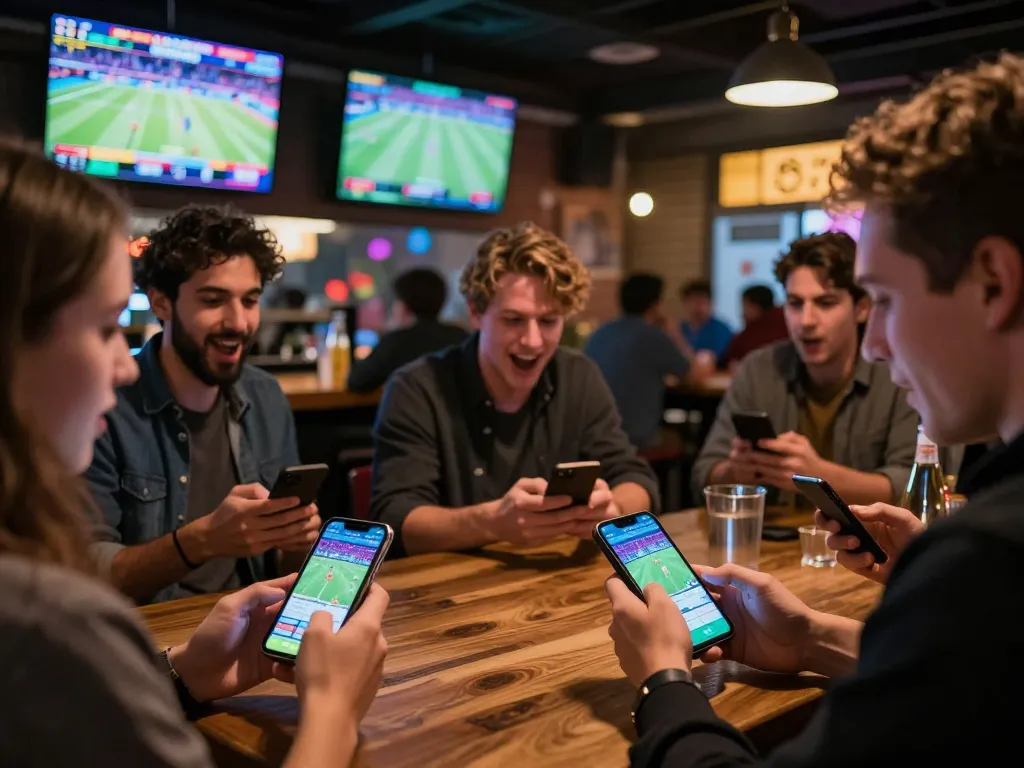 Engaging scene of bettors using smartphones in a lively sports bar, featuring nhà cái fly88 and live betting.