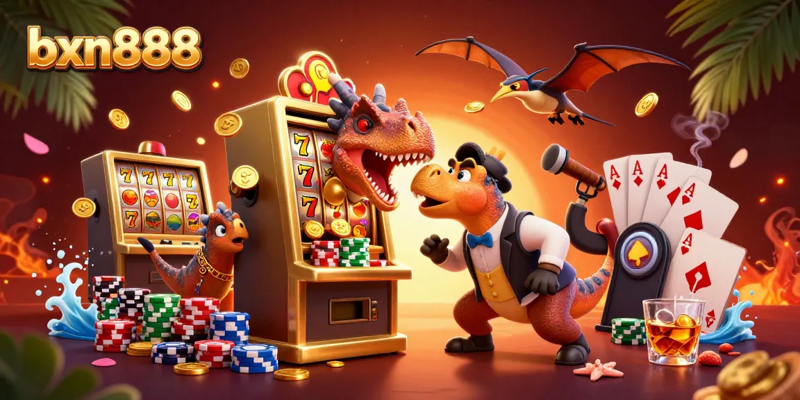 Experience a thrilling bxn888 jackpot scene with dinosaurs, golden coins, and vibrant casino elements.