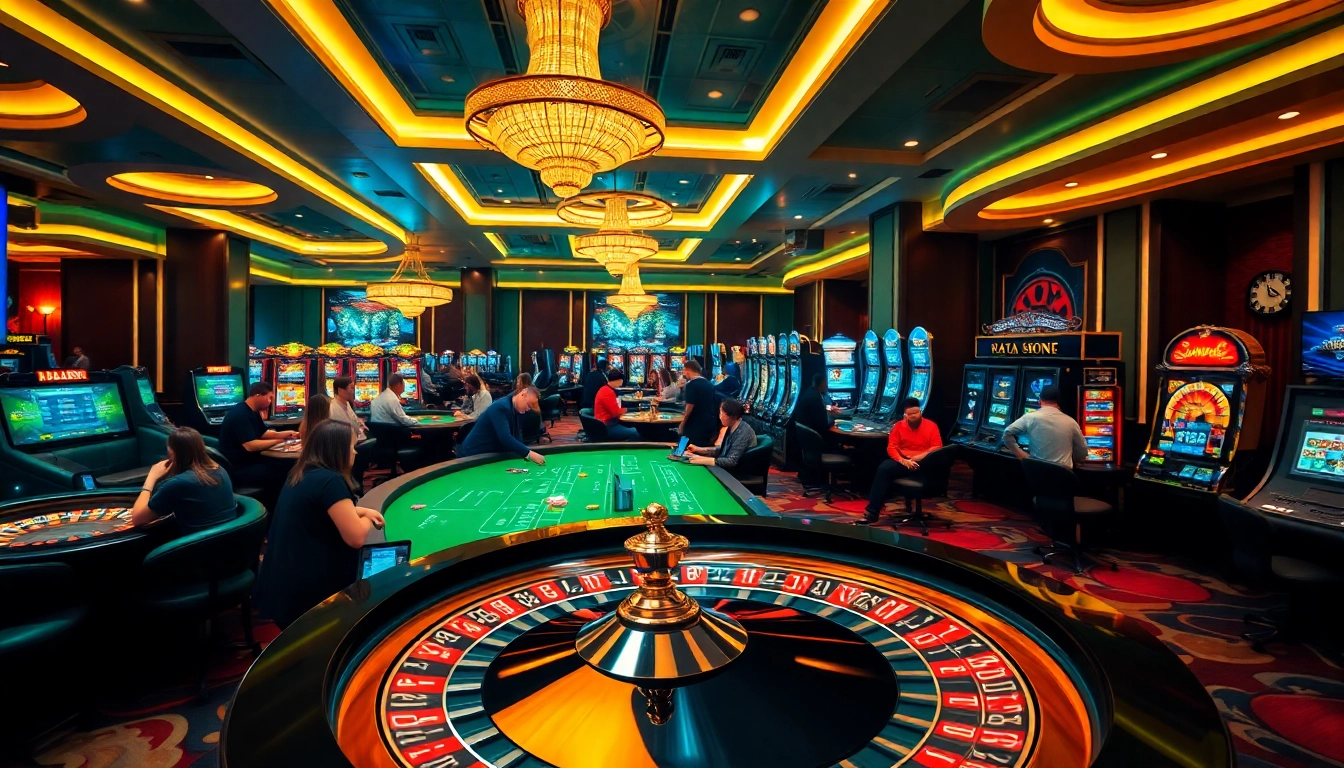 Engaging gambling experience at https://tg88a.me/ featuring a vibrant casino with roulette, poker, and slots.