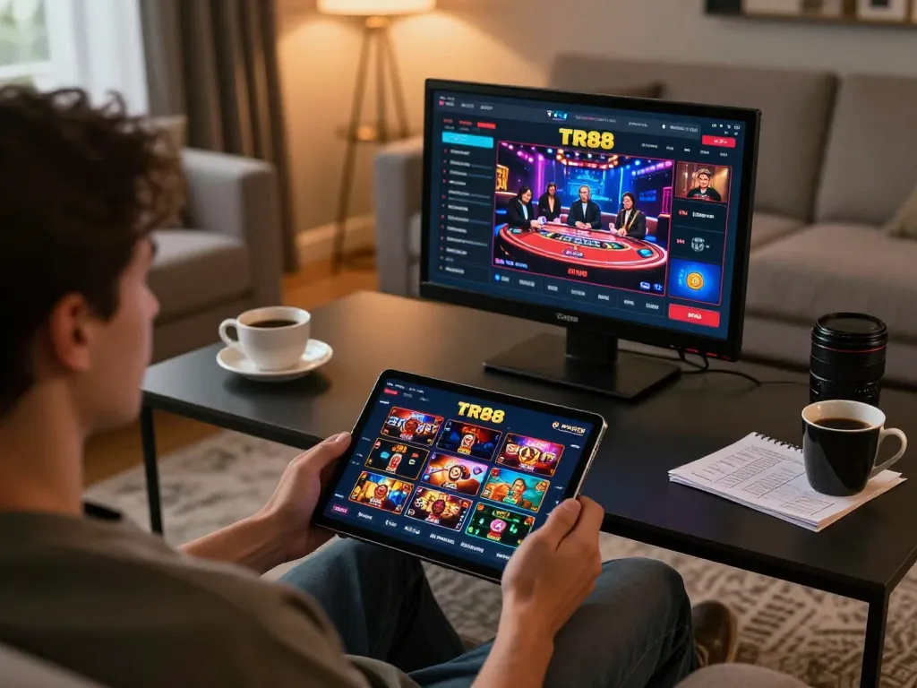 Player engaging with TR88 casino app on tablet at home, showcasing online gaming.