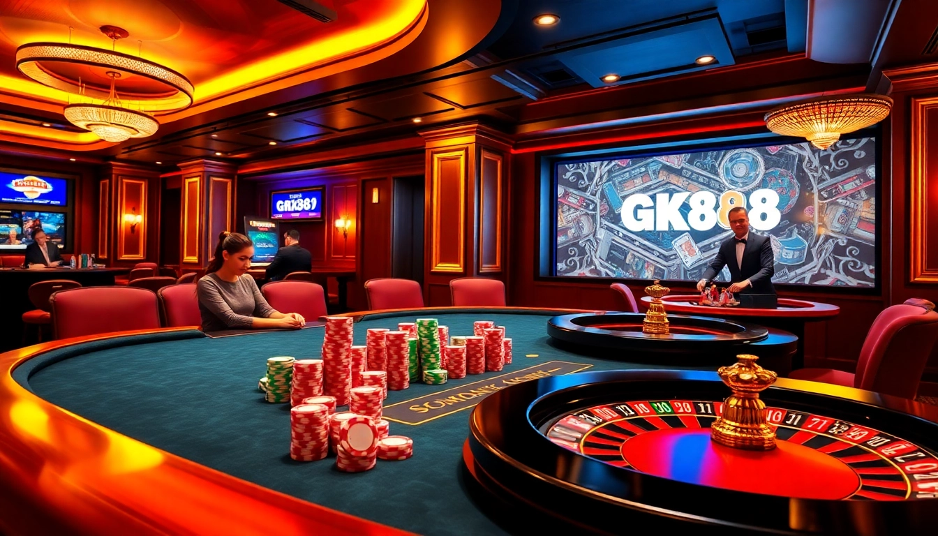 Experience the thrill of gambling with GK88 at a vibrant poker table in a luxurious casino.