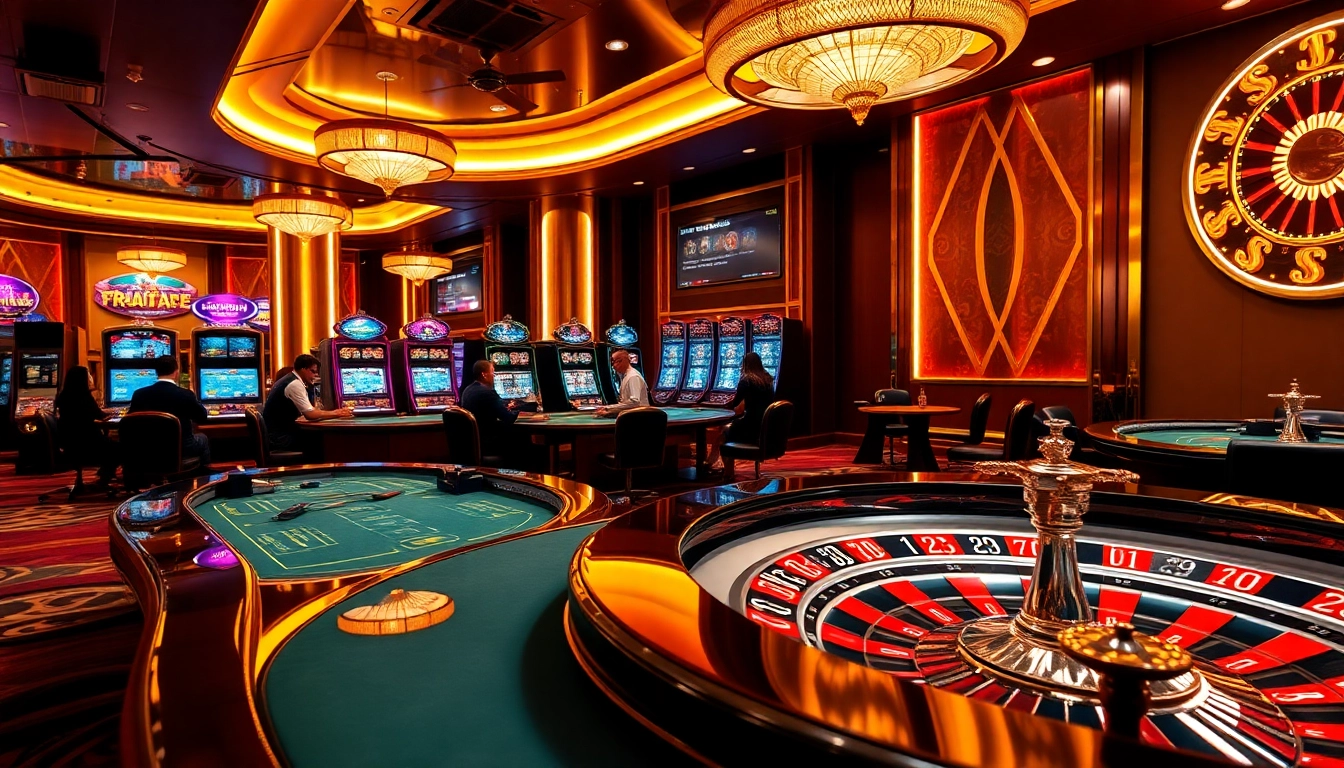 Exciting gaming scene at Xin88 casino with poker tables and vibrant slot machines.