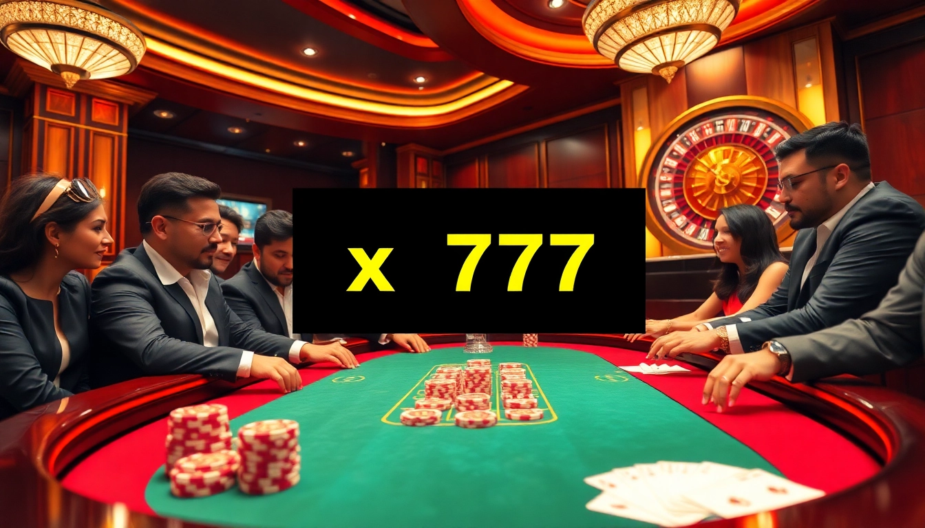 X777 online casino table scene featuring high-stakes poker with professional gamblers and vibrant casino elements.