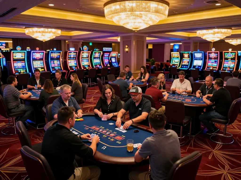 Players enjoy intense hands at uk88 poker tables in a vibrant casino atmosphere