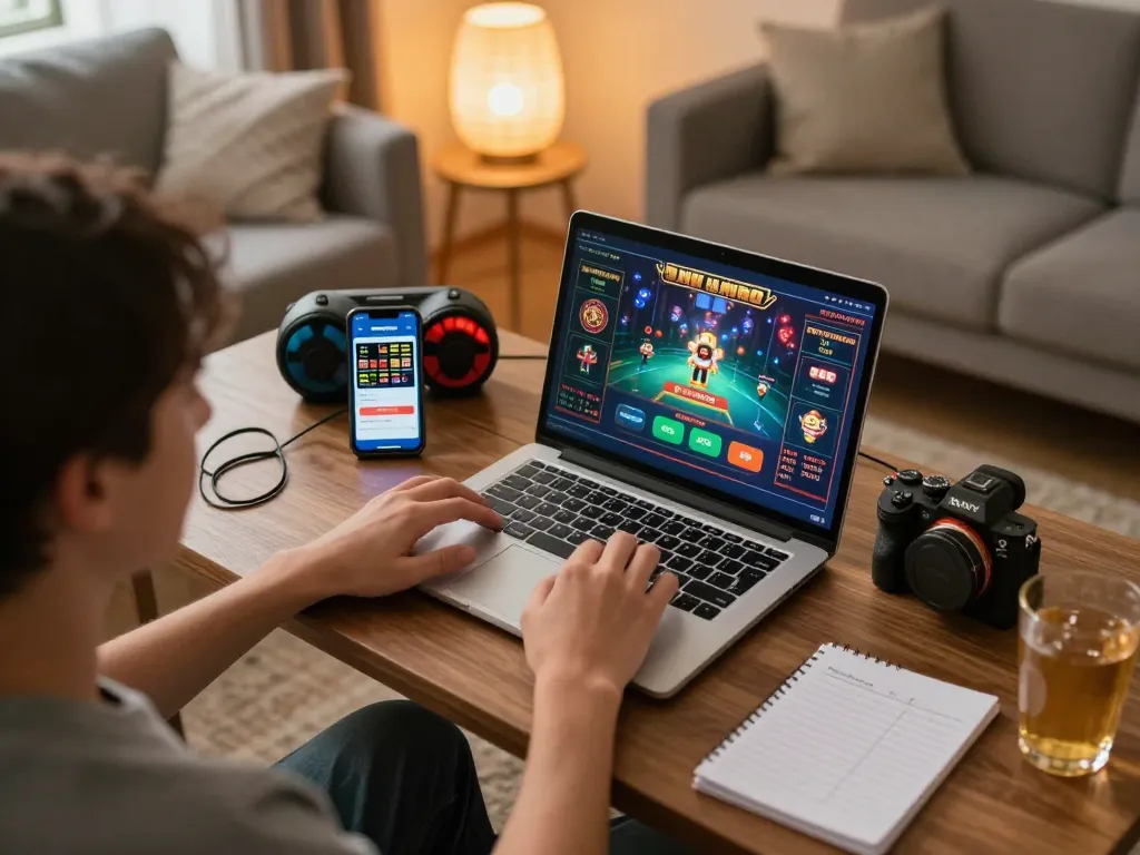 Engaged player using laptop for online gambling at trang chủ fun79 in a cozy living room.