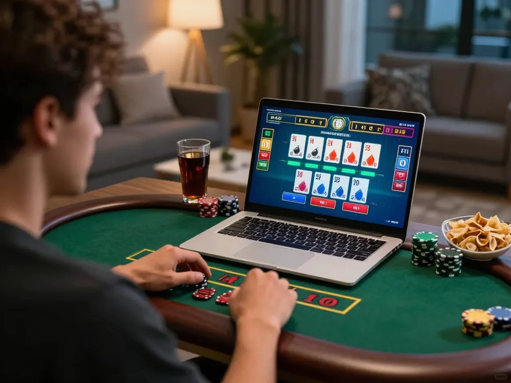 Engaging player enjoying a live dealer blackjack game on dn88 in a cozy home setting