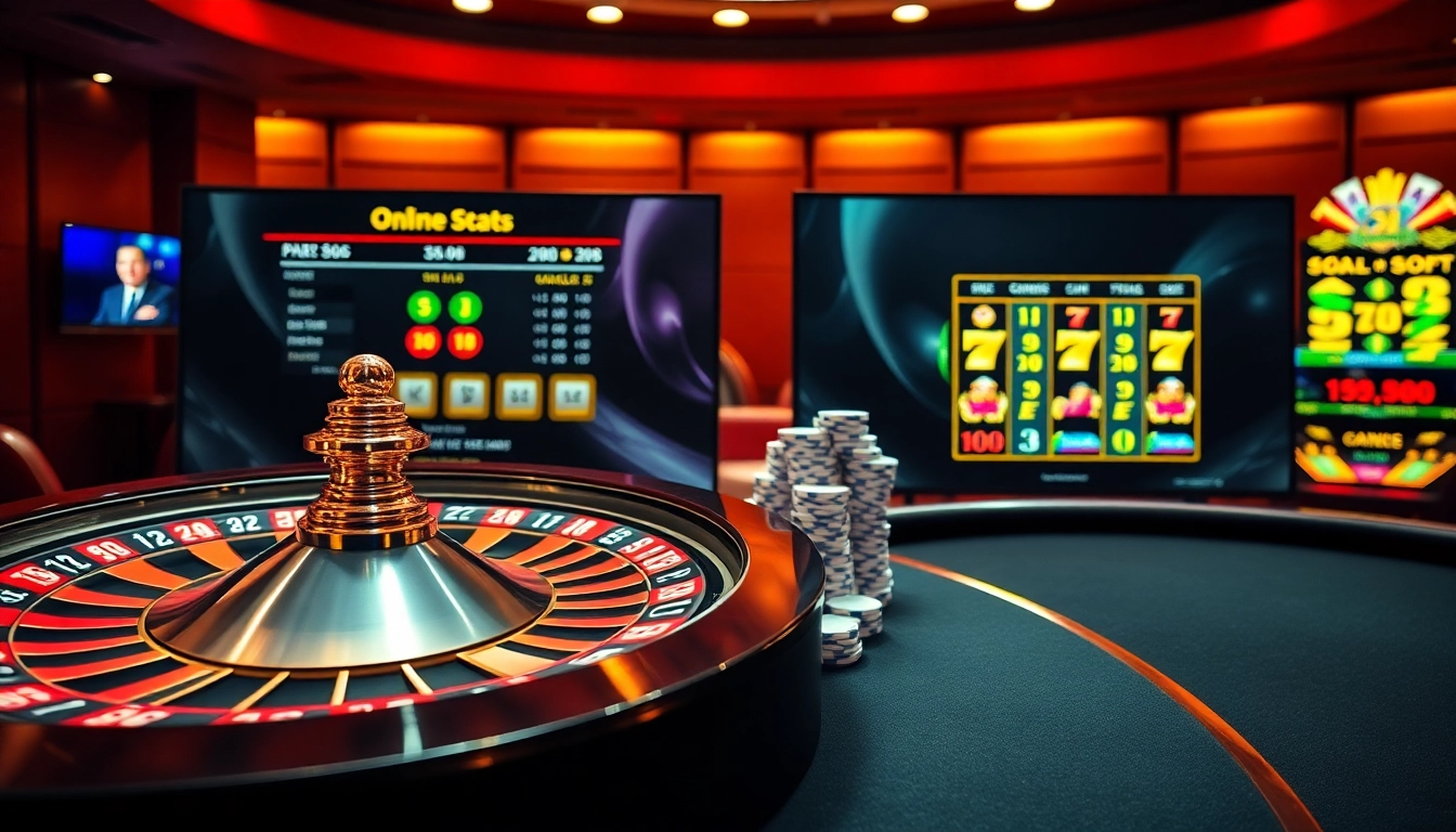 Engaging SX88 online gambling scene with roulette and slot machines capturing the thrill of casino gaming.