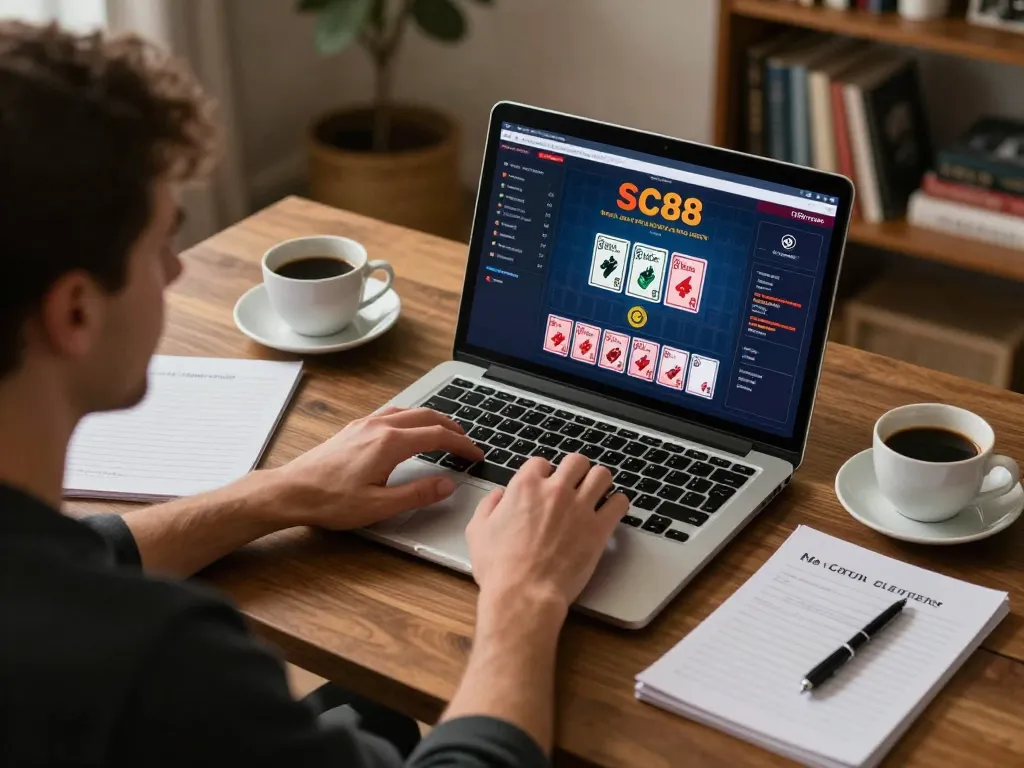 Player engaging in an SC88 online poker game, focused on strategy amidst a cozy home setup