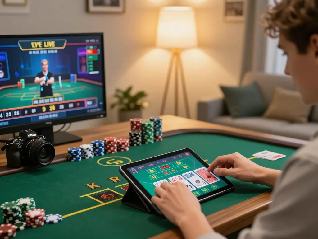 Engage in strategic gameplay at lc88pro's online casino with dynamic tablet setup and vibrant atmosphere.