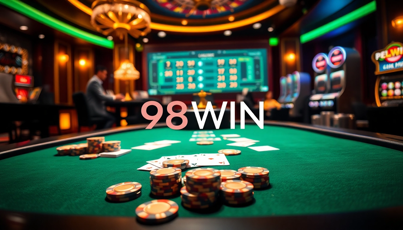 Experience the excitement of 98win with a stylish poker setup and vibrant casino atmosphere.