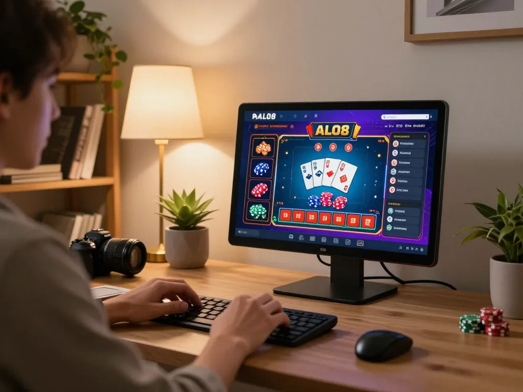 Engaged player enjoying ALO8's casino app on a tablet in a cozy home office setting.