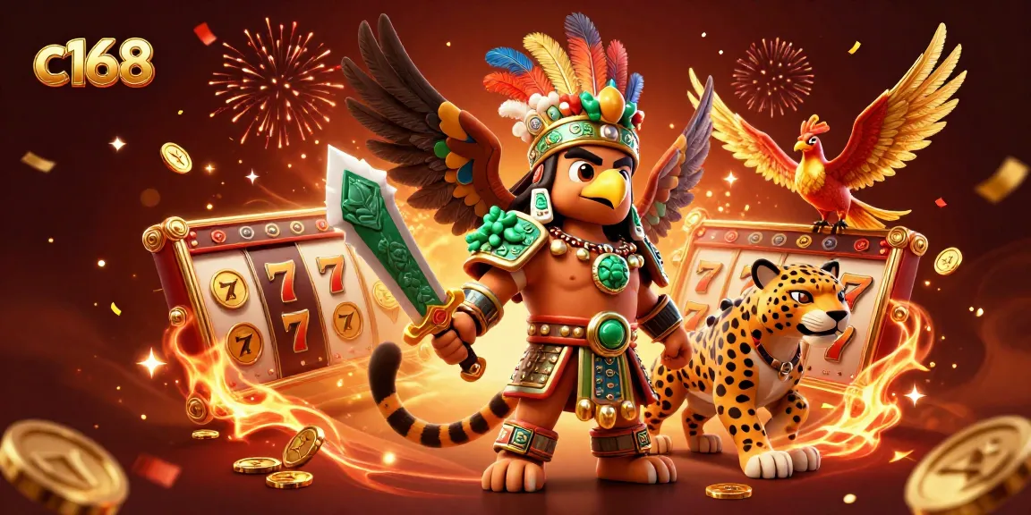 Play slots and win big at c168 with stunning Aztec-themed characters in a vibrant casino scene.