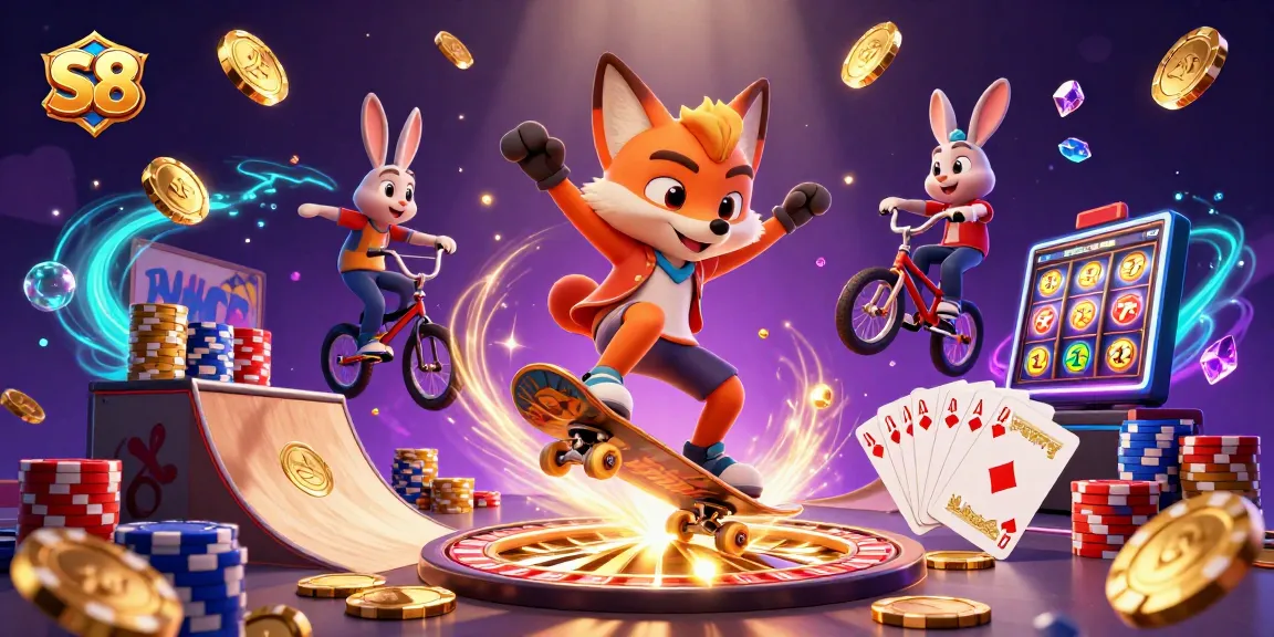 S8 players enjoy an exciting casino experience with golden coins and vibrant gaming symbols.