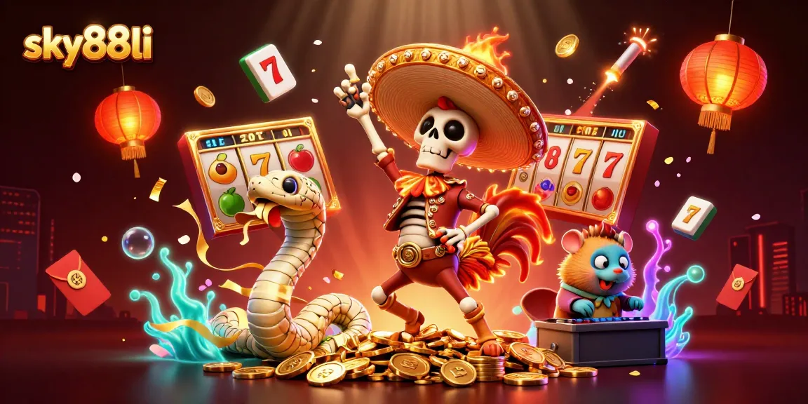 Engage in thrilling gameplay with sky88li's dynamic casino scene featuring a celebrating rooster and lucky symbols.