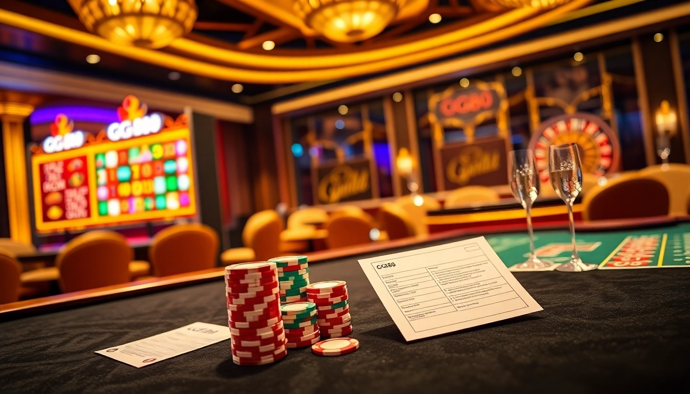 Exciting GG88 slot machine captured in a luxurious casino setting, featuring vibrant lights and poker tables.