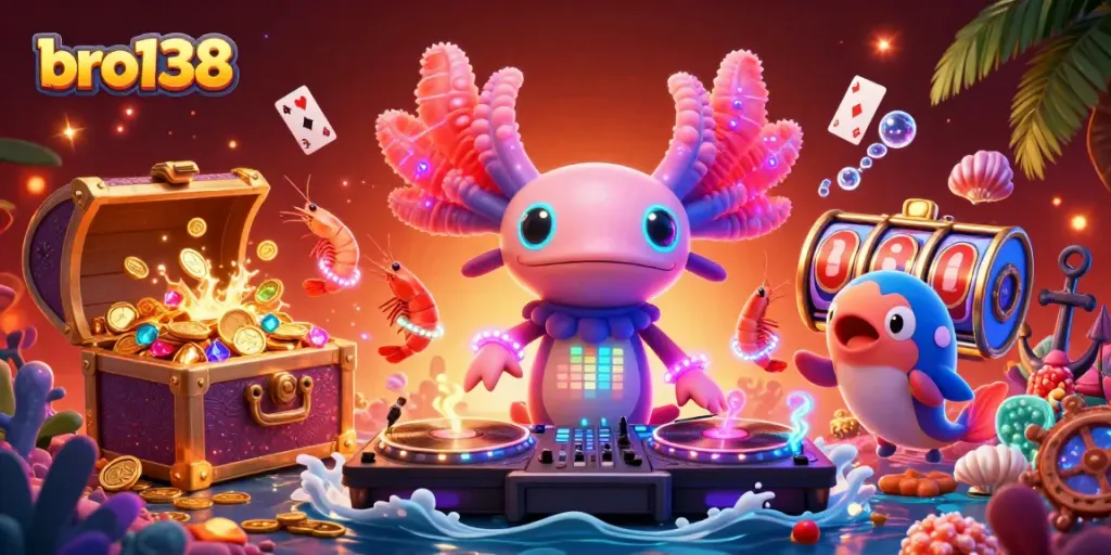 Experience thrilling wins at bro138 with vibrant casino visuals featuring dynamic underwater characters.