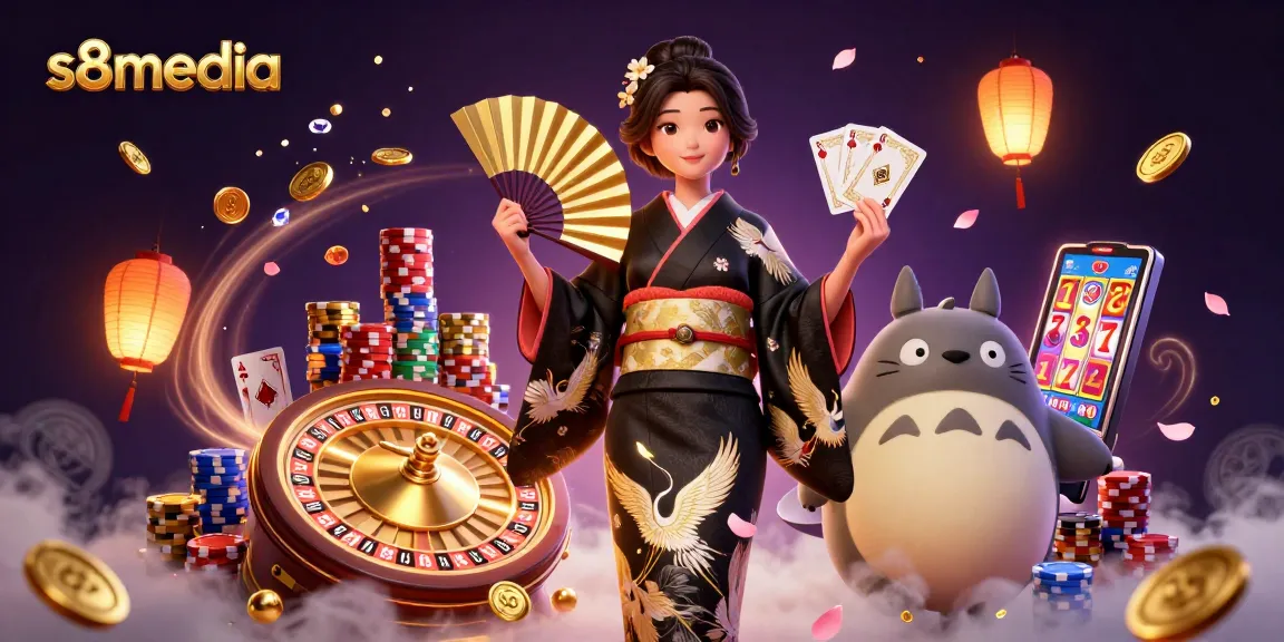 Engage in thrilling gameplay at s8media with a vibrant illustration of an Asian woman in a luxurious casino setting.