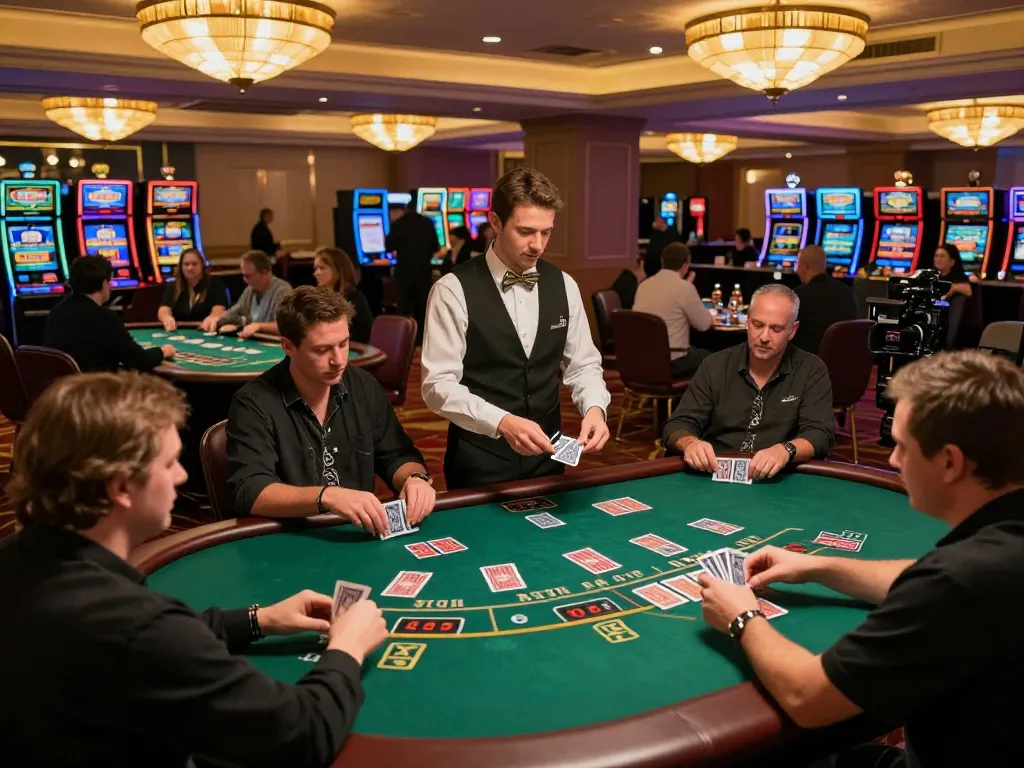 Players engaged in intense blackjack game at RR99 casino, showcasing strategic gameplay surrounded by vibrant atmosphere