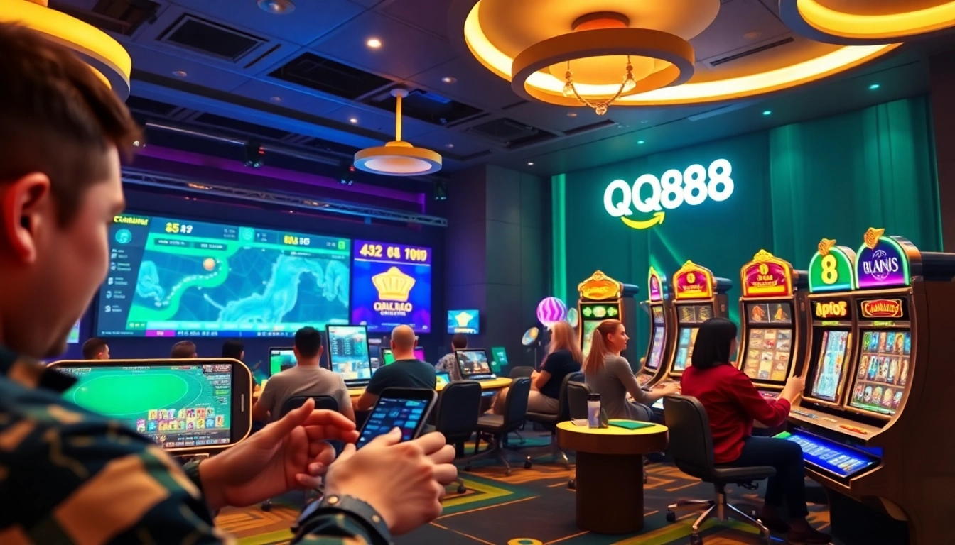 Exciting QQ88 online gaming platform scene depicting players enjoying various casino games.