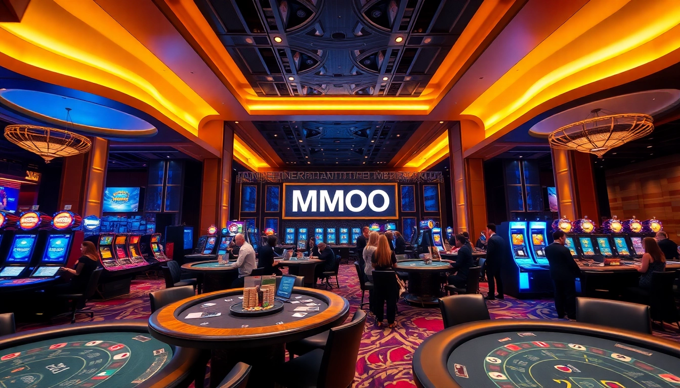 Engaging scene of MMOO online casino showcasing vibrant gaming atmosphere and stylish players.