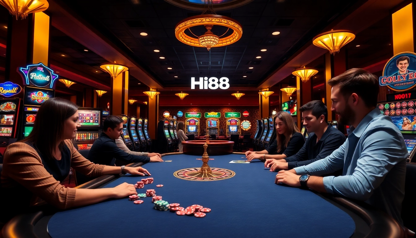 Players enjoying games at a Hi88 casino table, filled with poker chips and excitement.