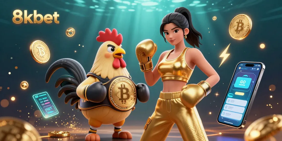 Join the 8kbet action with a stunning scene of a boxing champion and a rooster, featuring cryptocurrency elements.
