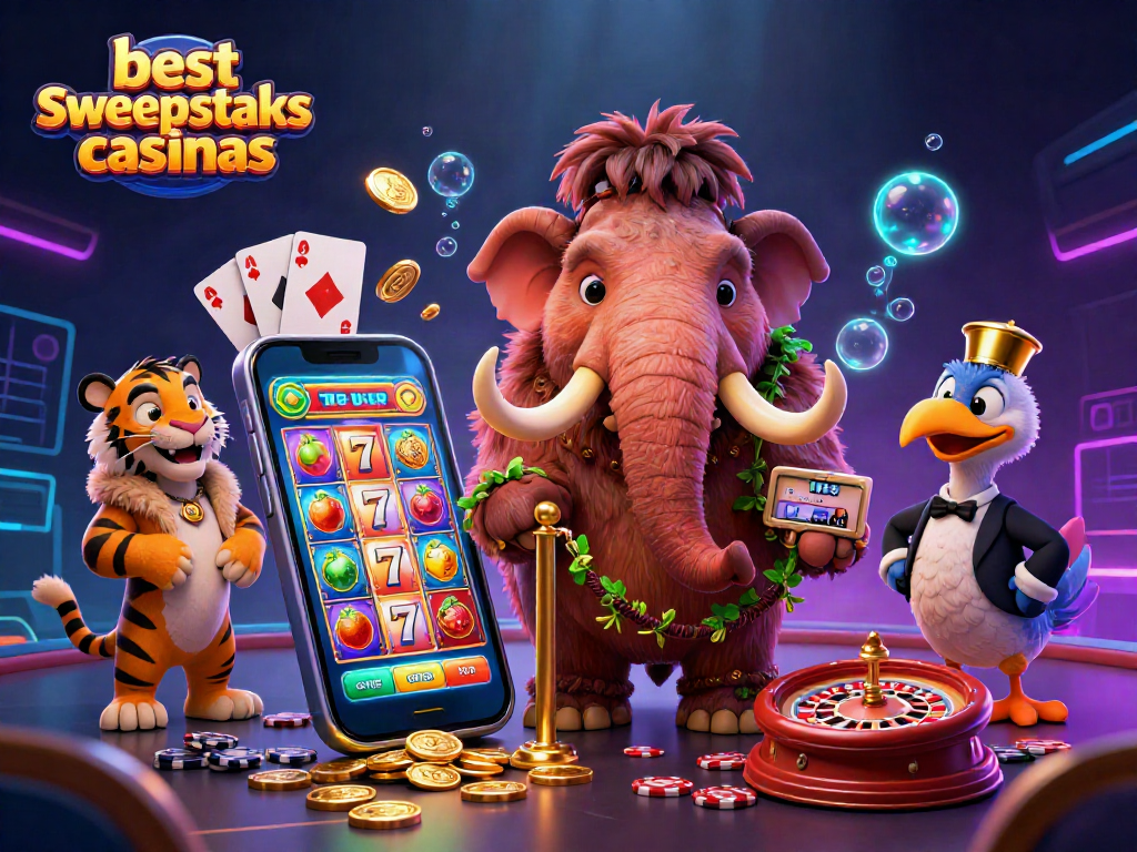 Experience excitement at the best sweepstakes casinos with a vibrant casino scene featuring characters and game elements.