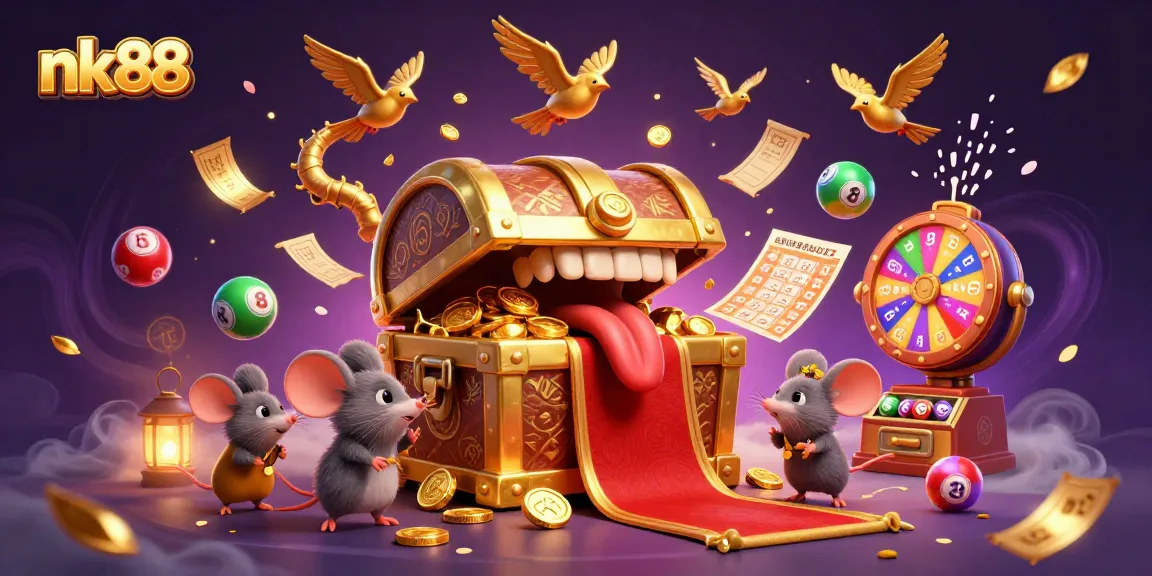 Join the adventure at nk88 with exciting lottery balls and a treasure chest promising rich gaming rewards!