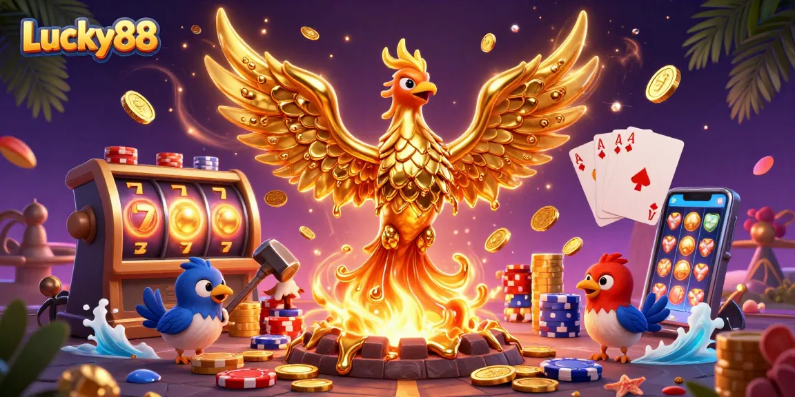 Win big with Lucky88 in this vibrant casino-themed illustration packed with slot elements.